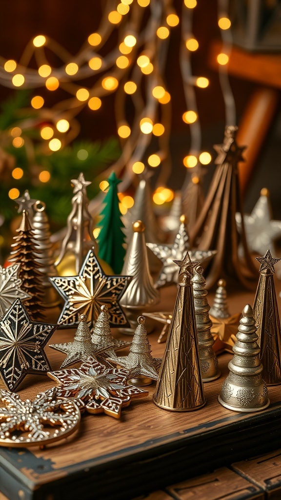 DIY metal Christmas ornaments in different shapes on a wooden table with fairy lights.